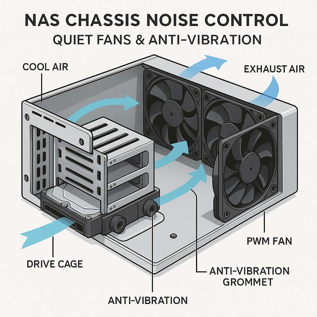 NAS chassis noise control quiet fans anti vibration 2